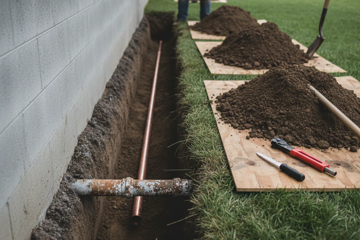 Excavated water line trench during Water Heater Repair in Windsor